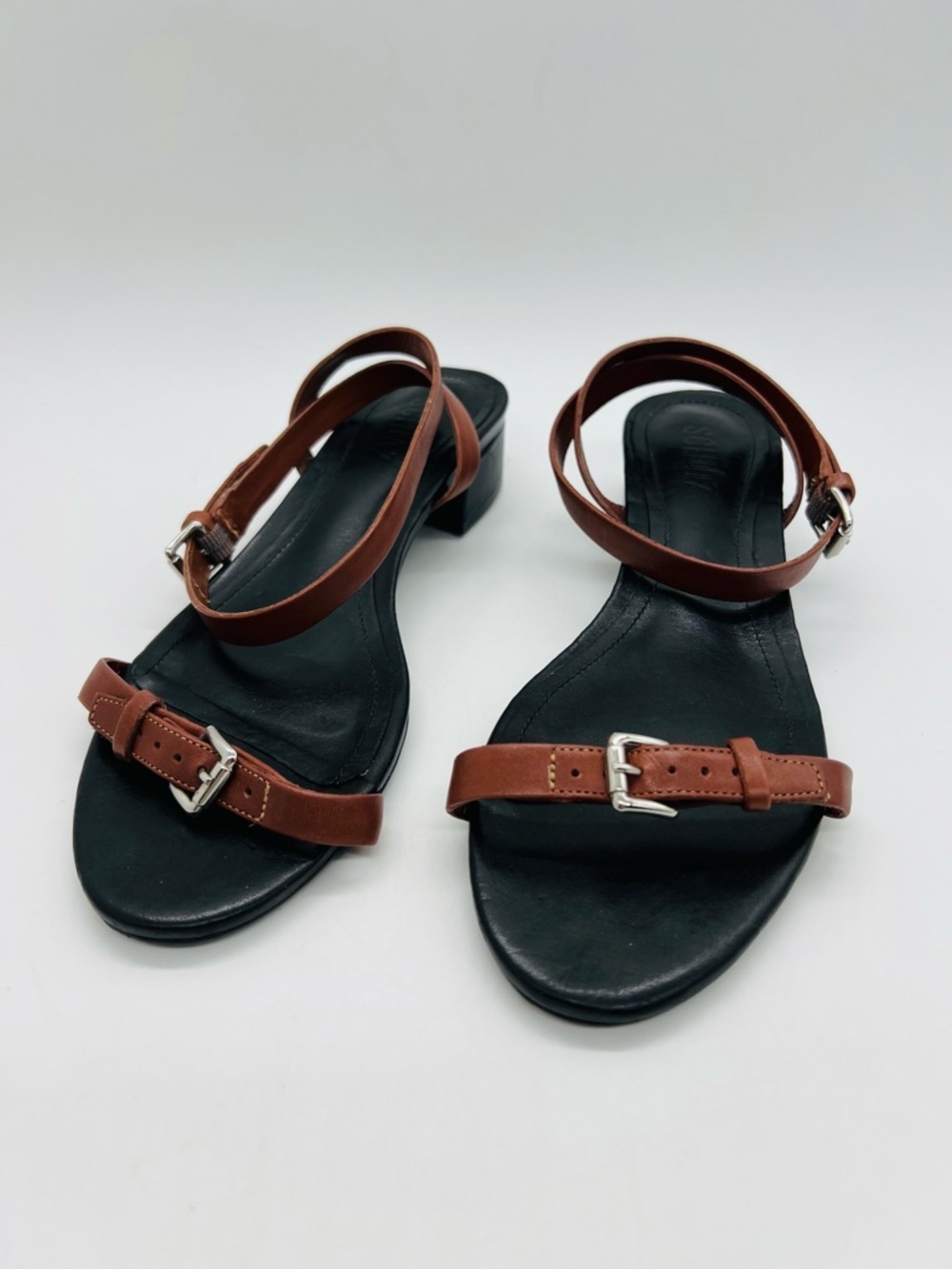 SCHUTZ Brown Leather Aurora Low Block Buckle Sandals Size 7B